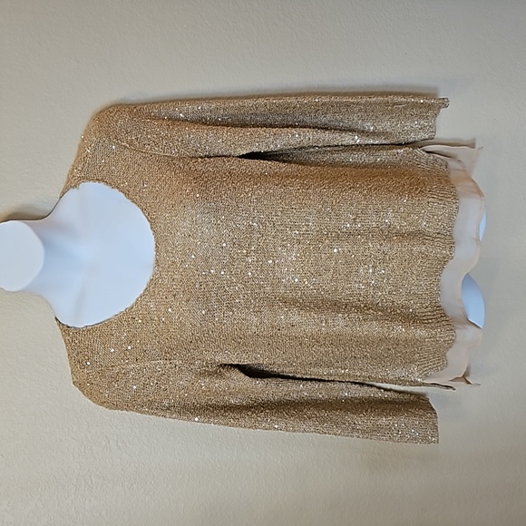 Alfani XL Gold Sequin Knit Top with Chiffon Ruffle Sparkle Beautiful C-2221 - Picture 2 of 7